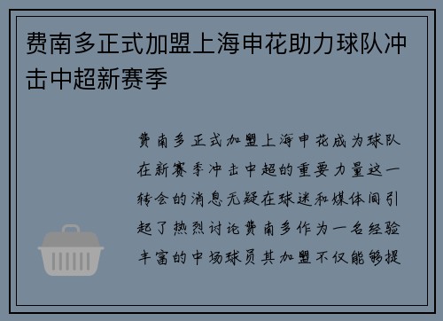 费南多正式加盟上海申花助力球队冲击中超新赛季