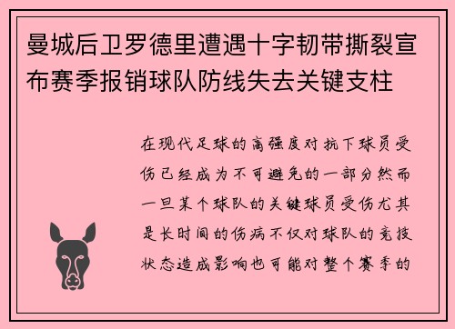 曼城后卫罗德里遭遇十字韧带撕裂宣布赛季报销球队防线失去关键支柱